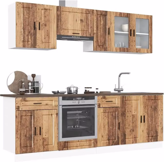 Set Mobili da Cucina Rustici vidaXL in Legno e Vetro Marrone con Ante in Vetro e Ripiani Interni