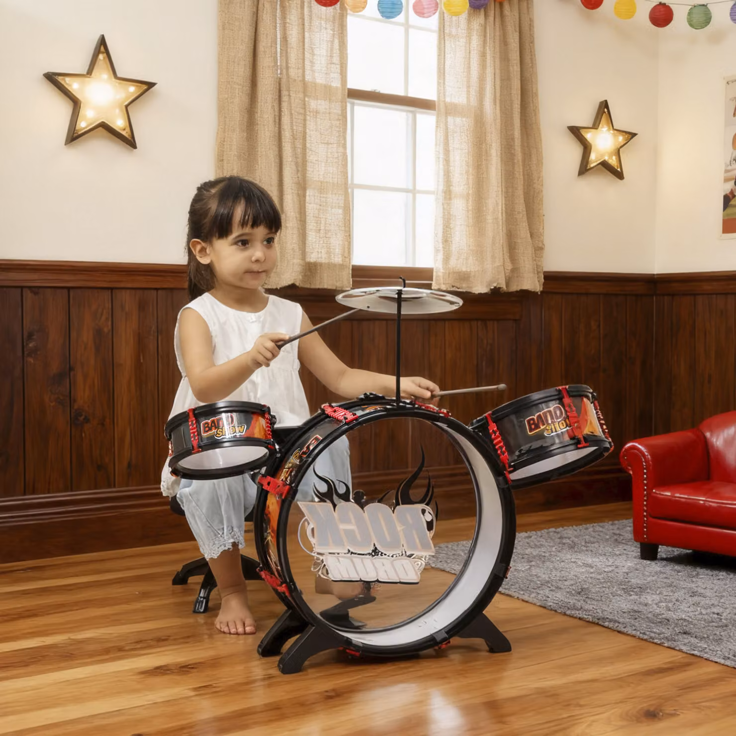 Set Batteria Giocattolo AIYAPLAY con Sgabello, Percussioni Musicali per Bambini, Nero – 2