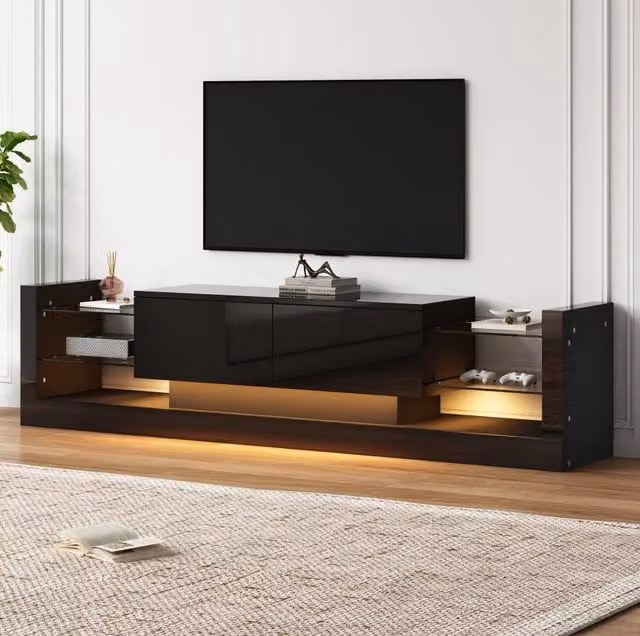 Mobile TV 181x38x38 cm nero in truciolare, LED e 2 cassetti a ribalta