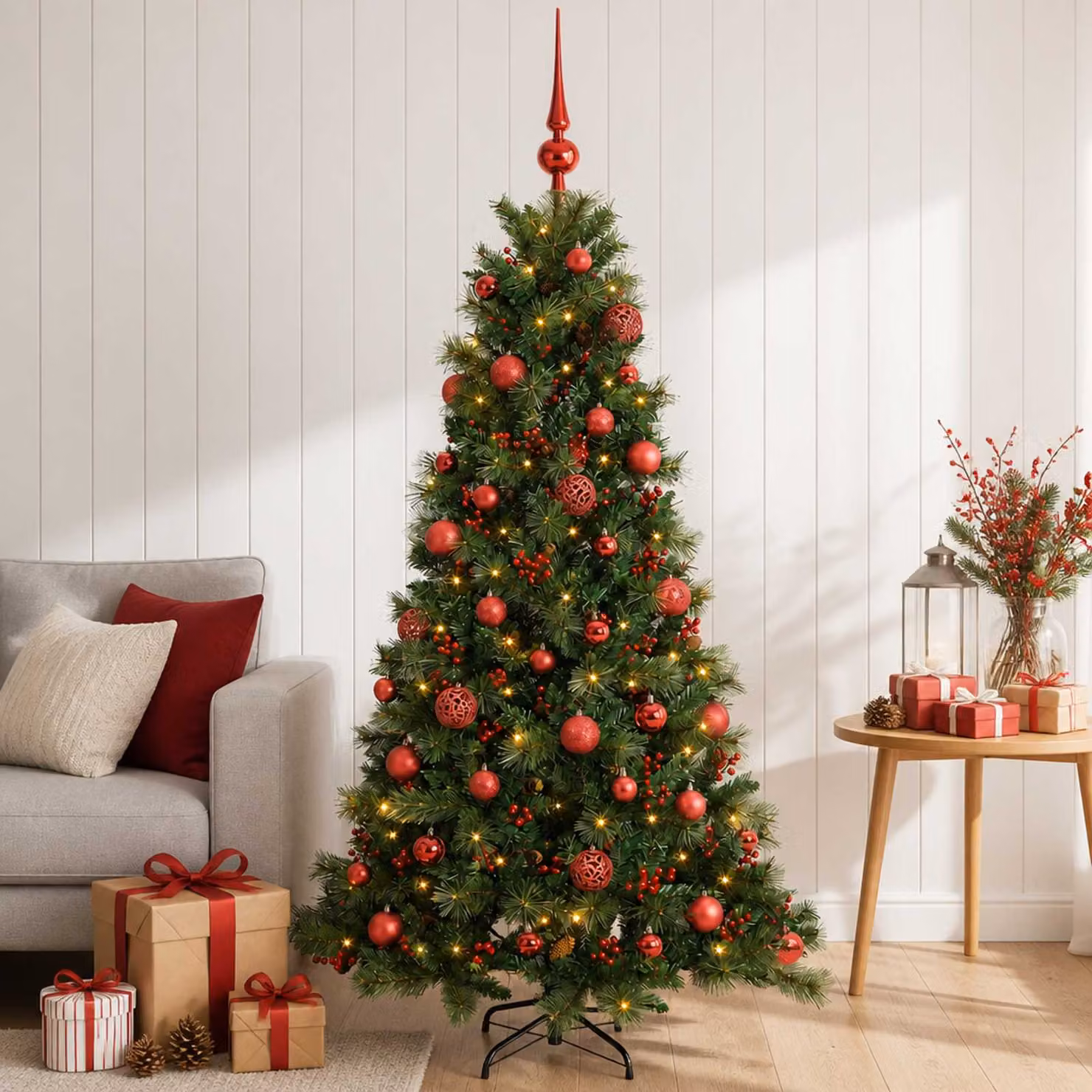 Albero di Natale artificiale verde vidaXL con 150 LED luce bianca calda e decorazioni con palline, Altezza: 150 cm