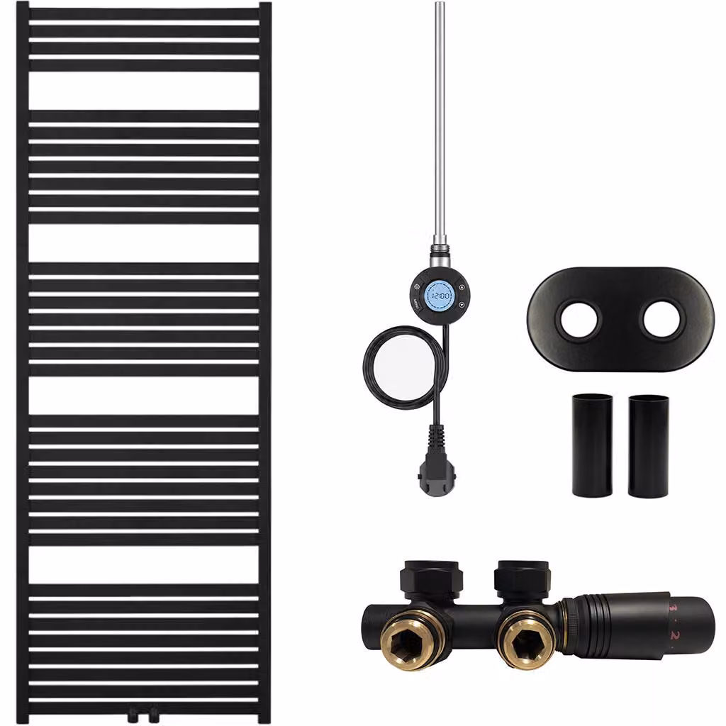 Kit radiatore per bagno Vincenzo - riscaldamento combinato, antenna Wi-Fi - attacco centrale da 50 mm - 600W - nero opaco - 1690x600 mm