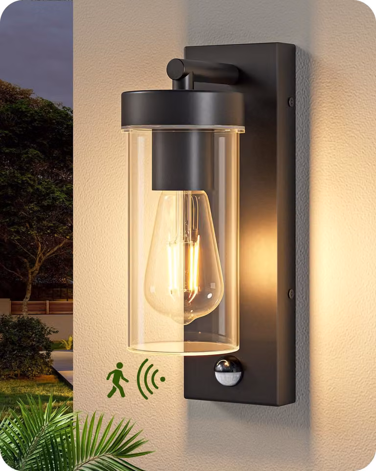 Lampada da parete con sensore di movimento, in alluminio, attacco E27, grado di protezione IP44, colore nero