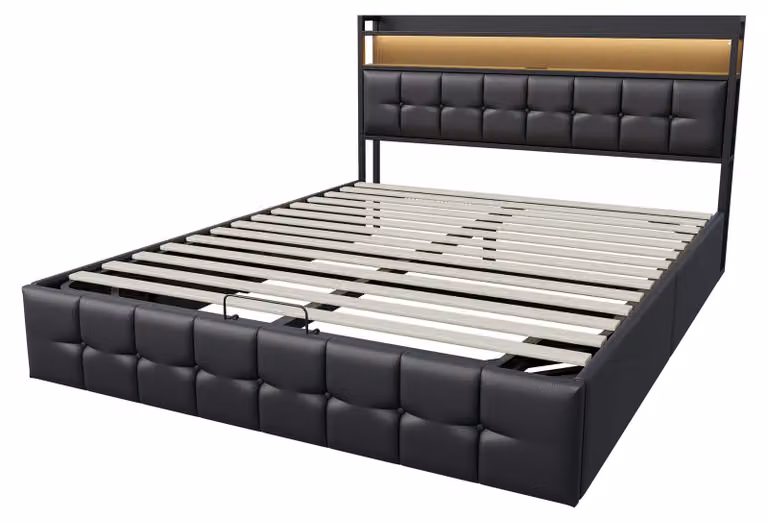 Letto imbottito - Letto matrimoniale - 140 x 190 cm - Rivestito in ecopelle - Contenitore a sollevamento idraulico - Struttura a listelli - Testiera - Colore: nero