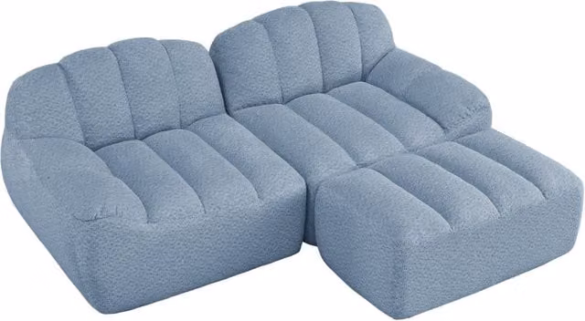 Divano modulare angolare senza struttura a 2 posti con pouf, imbottitura in schiuma ad alta densità, rivestimento in pile granulare blu