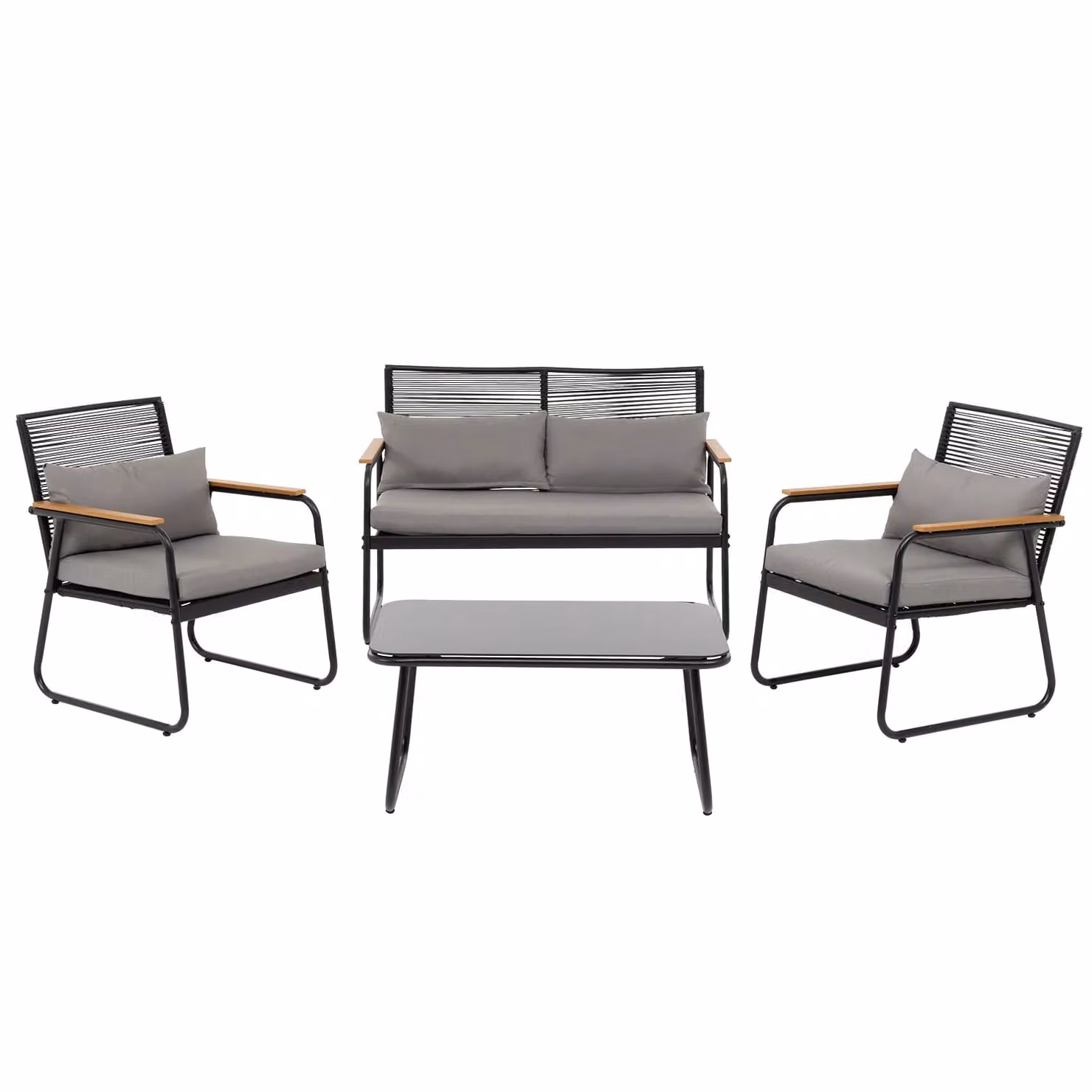 Vestiamo Casa Giardino Set da giardino 4 pezzi in rattan e acciaio antracite con cuscini grigio scuro composto da divano a 2 posti, 2 poltrone con braccioli e tavolino da caffè – 1