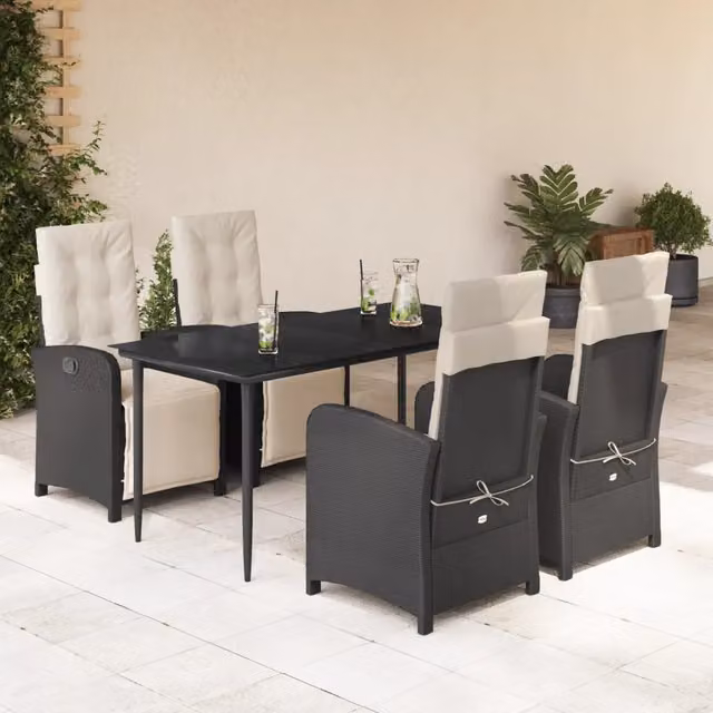 Set da Pranzo da Giardino 5 pz Nero con Cuscini in Polyrattan