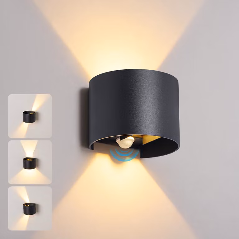 ZMH Lampada da parete LED per esterni, grado di protezione IP54, rotonda, con sensore di movimento, 6W, 3000K, angolo di illuminazione regolabile, colore nero. Lampada da parete per esterni, ideale per ingressi, corridoi, balconi