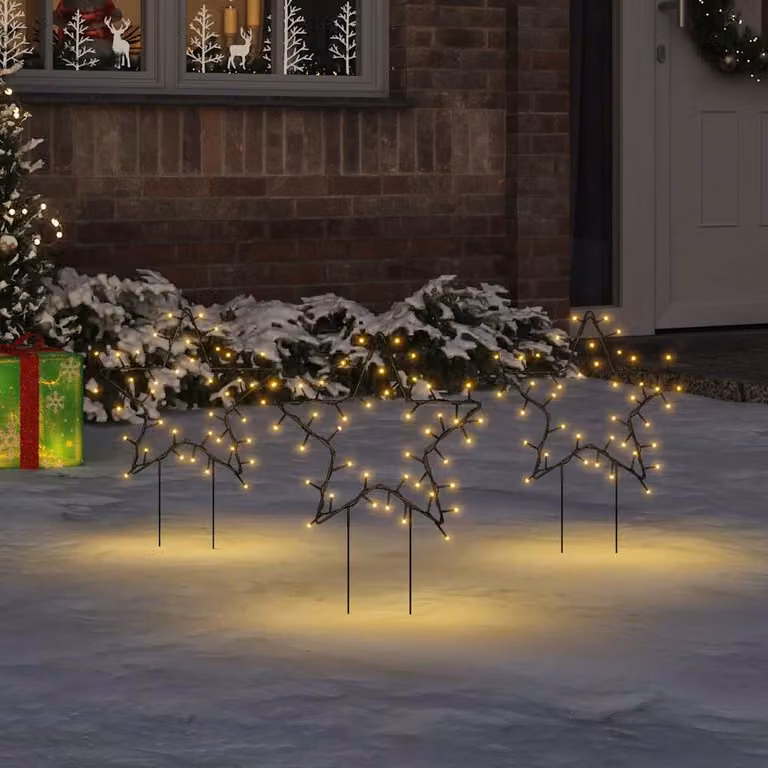 Set di 3 decorazioni natalizie a forma di stella con picchetti vidaXL, luce LED bianco caldo, colore bianco e nero, Altezza: 29 cm