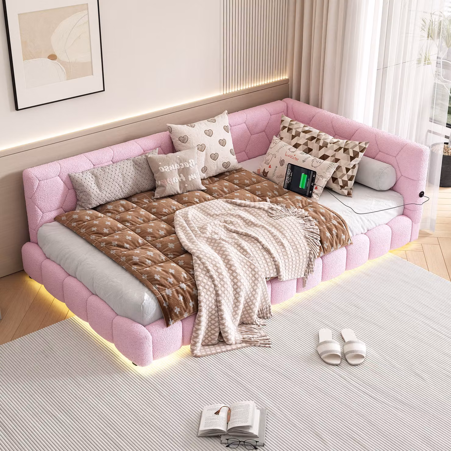 STILVORA Letto imbottito multifunzione, modello daybed, 90x200 cm, divano letto con illuminazione LED e connessioni USB e di tipo C, rivestito in tessuto morbido, colore rosa (senza materasso)