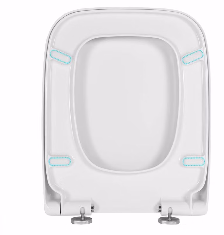 Sedile per WC quadrato con sistema di chiusura rallentata e meccanismo di fissaggio rapido antibatterico | Bianco | 36,7 x 45,5 x 5,4 cm