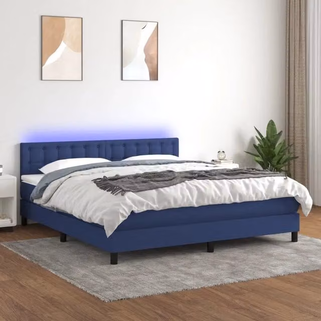 Letto Ibrido vidaXL con Materasso, Illuminazione LED Blu e Porte USB, Tessuto Blu e Bianco, L/P: 160 x 200 cm – 1