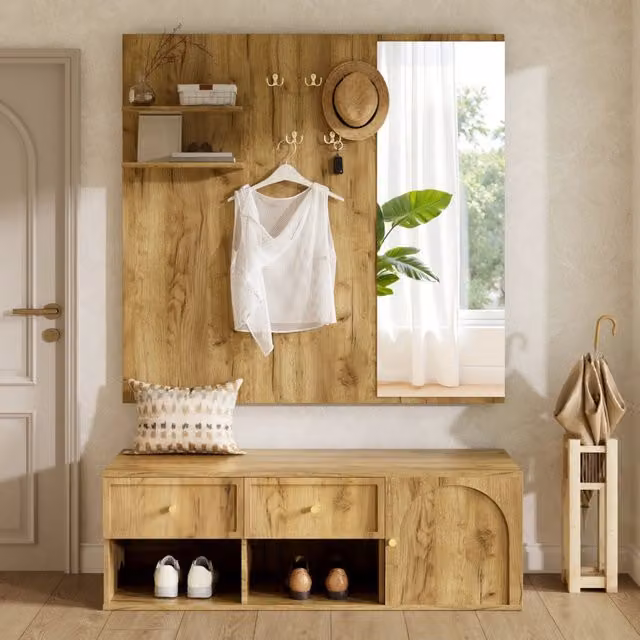 Set da ingresso 6-in-1 con specchio; 5 ganci; 2 cassetti e scarpiera; truciolato; effetto legno; 120x35x159 cm