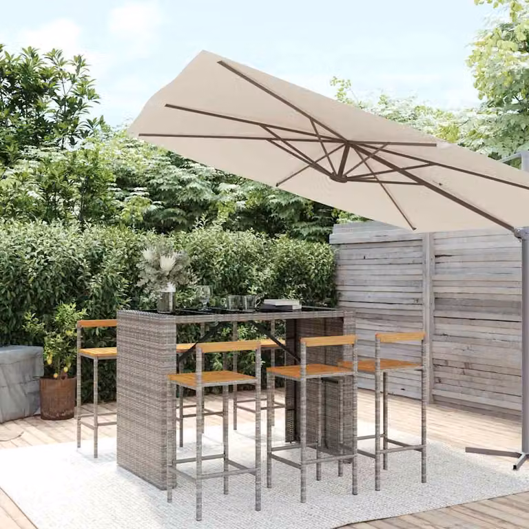 Set Bar da Giardino vidaXL in 7 Pezzi Grigio con Polyrattan e Legno di Acacia e Piano in Vetro