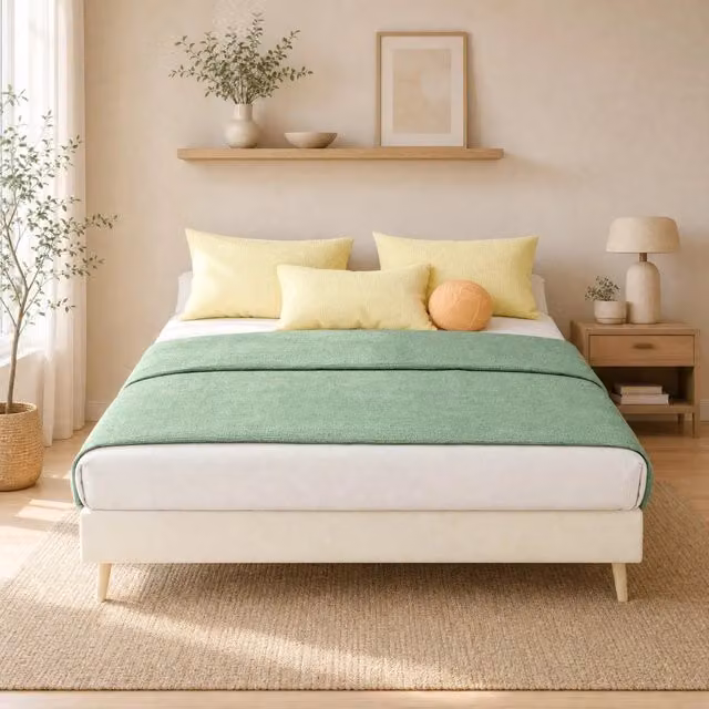 Struttura letto Mivray rivestita in velluto beige con base in metallo L: 140 cm, P: 200 cm