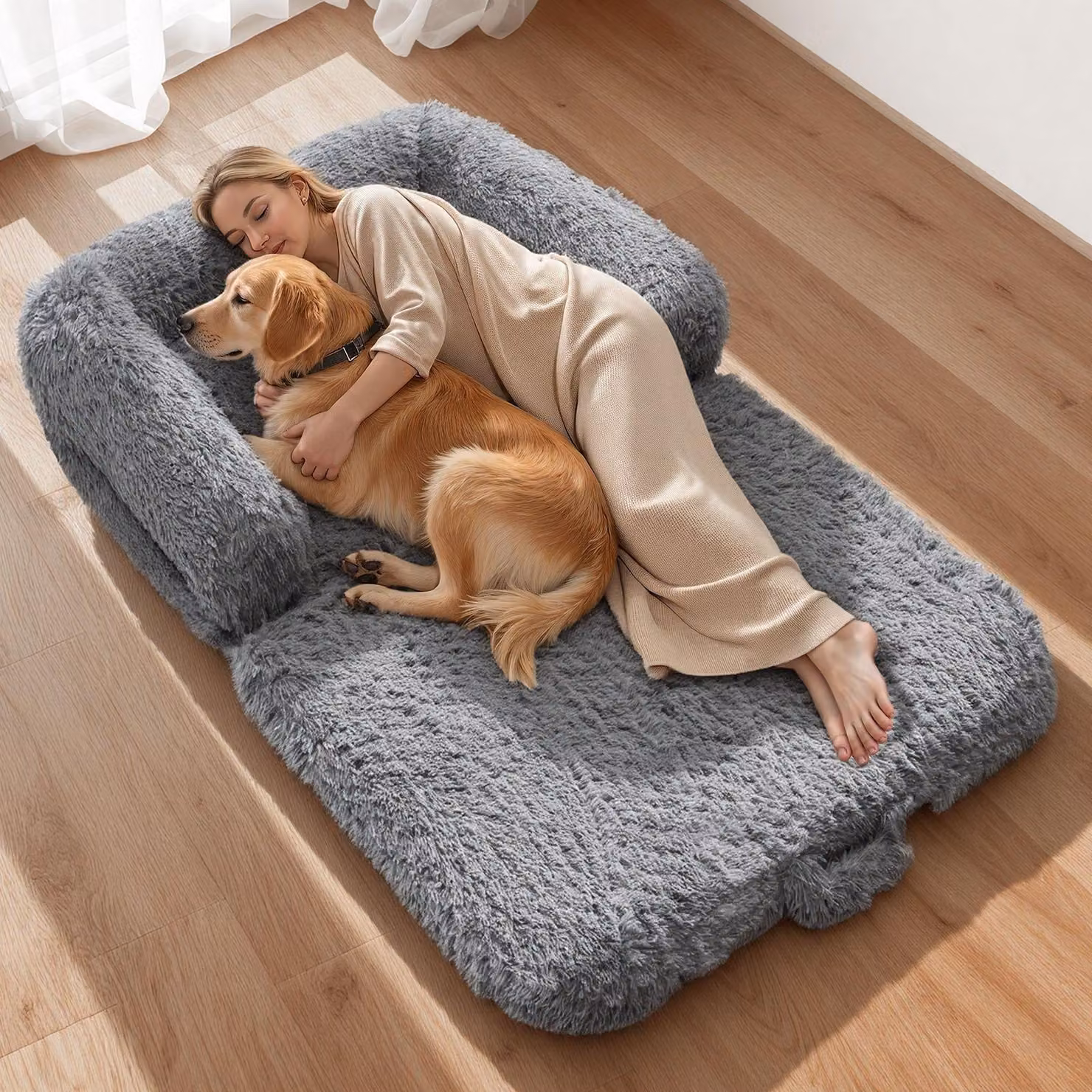 Letto per cani e persone - Taglia XXL - Schiuma memory - Dimensioni 181 x 111 x 24 cm - Rivestimento sfoderabile e lavabile in lavatrice - Tasca laterale e maniglia per il trasporto - Pelo lungo - Grigio scuro