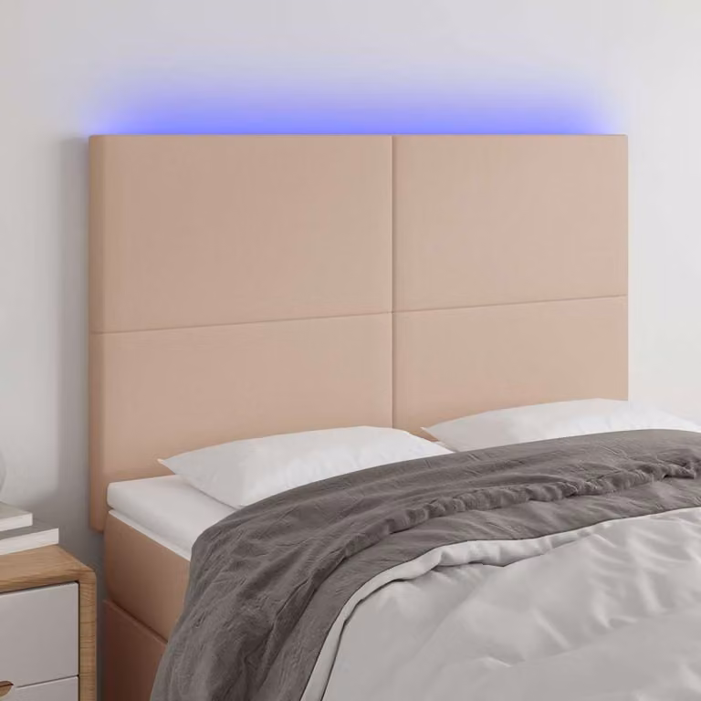 Testiera per letto con illuminazione LED e porta di ricarica USB vidaXL in similpelle color cappuccino, L: 144 cm, P: 5 cm, H: 118/128 cm