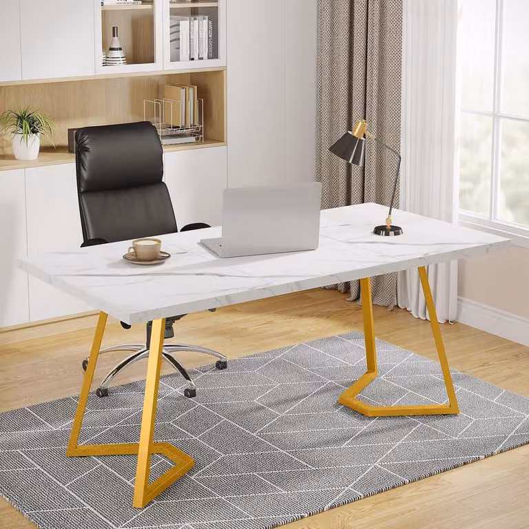 Scrivania, tavolo per computer, 140 x 80 x 75 cm, bianco e oro