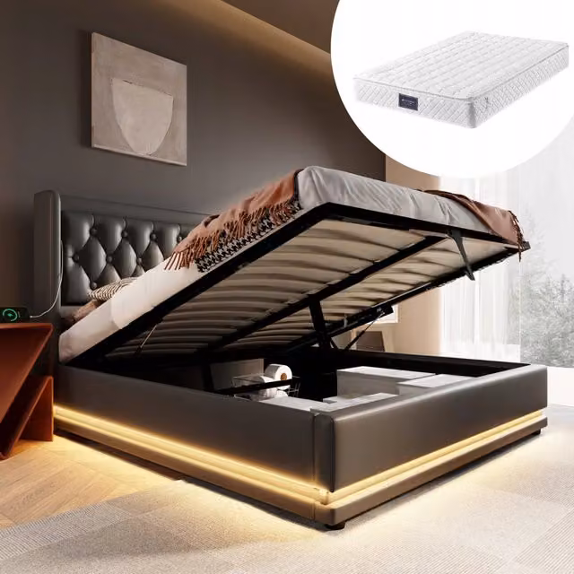 Letto Nero con USB-C e LED con materasso - Xylo - 140x200 cm - Nero