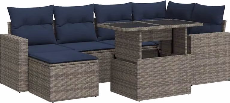 Set Divani da Giardino 7pz con Cuscini Grigio Polyrattan Acacia