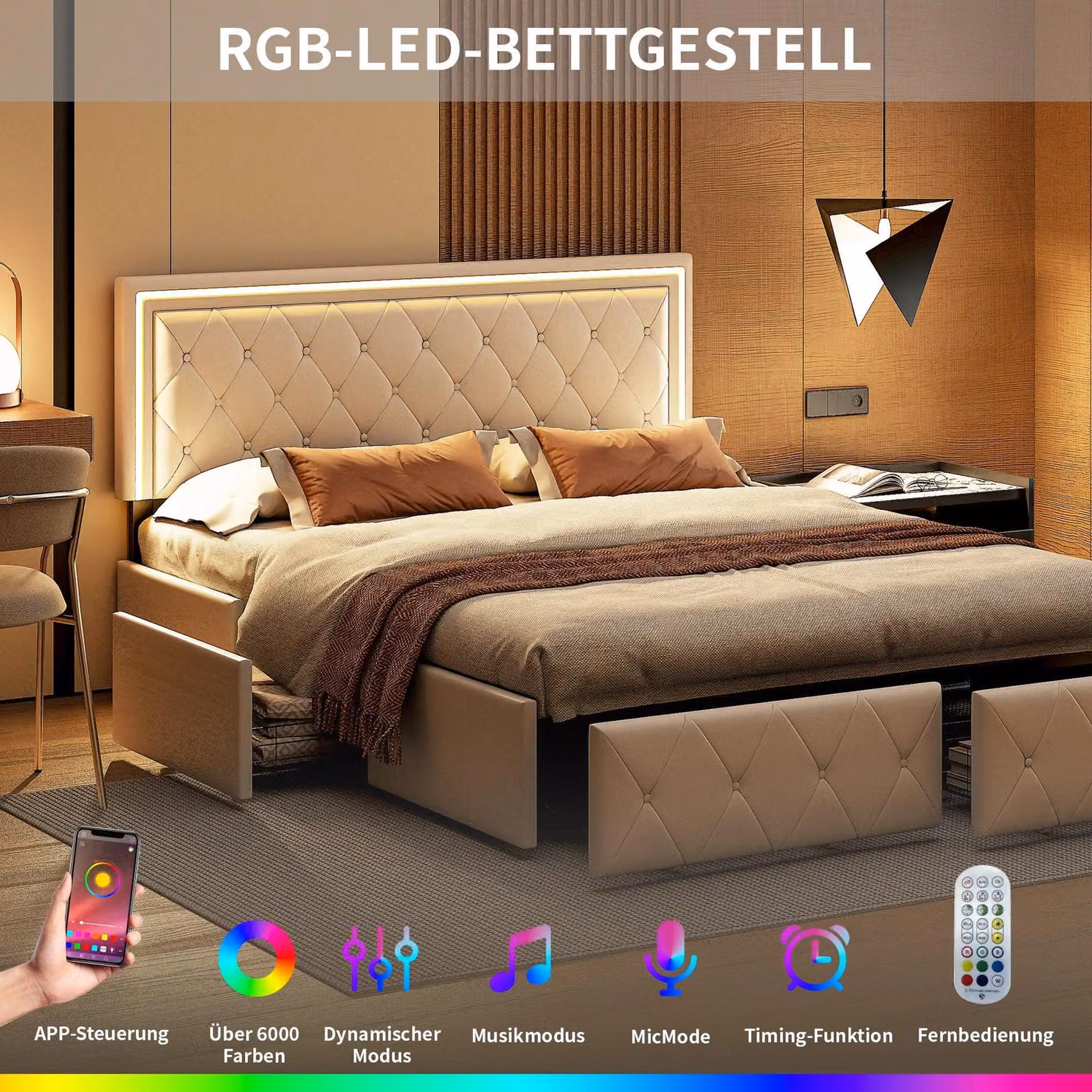 Letto moderno - Struttura del letto - Letto con illuminazione LED - Divano letto - Letto contenitore - Bianco - Dimensioni 160x200 cm - Cassetti contenitori - Illuminazione LED