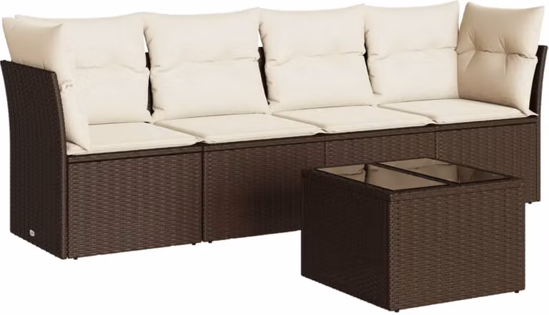Set Divano da Giardino 5 pz con Cuscini Marrone in Polyrattan