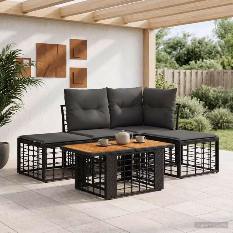 Set Divano da Giardino vidaXL 5 Pezzi in Polyrattan con Cuscini, Tavolino e Pouf, Design Moderno a L, Nero e Grigio