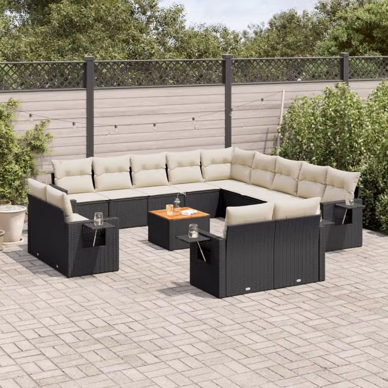 vidaXL Set Divani da Giardino a Forma di U in Polyrattan Nero con Cuscini e Tavolino da Esterno