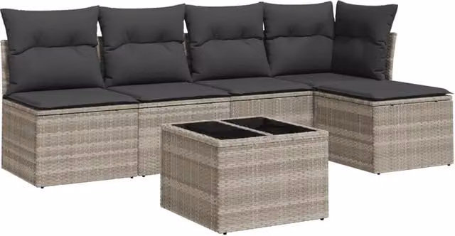 Set Salotto da Giardino Moderno a L con 6 Pezzi in Polyrattan Grigio con Cuscini Imbottiti e Tavolino – 1