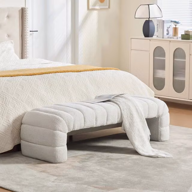 Panca imbottita moderna senza braccioli in ciniglia con trapuntatura a coste, chaise longue e poggiapiedi per soggiorno, camera da letto, ingresso, avorio