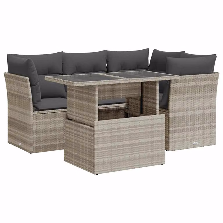 Set Divano da Giardino 5pz con Cuscini Grigio Chiaro Polyrattan