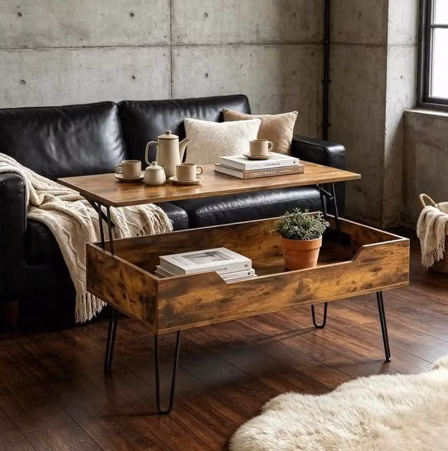 Tavolino basso 95x50 cm noce in MDF e metallo - piano sollevabile