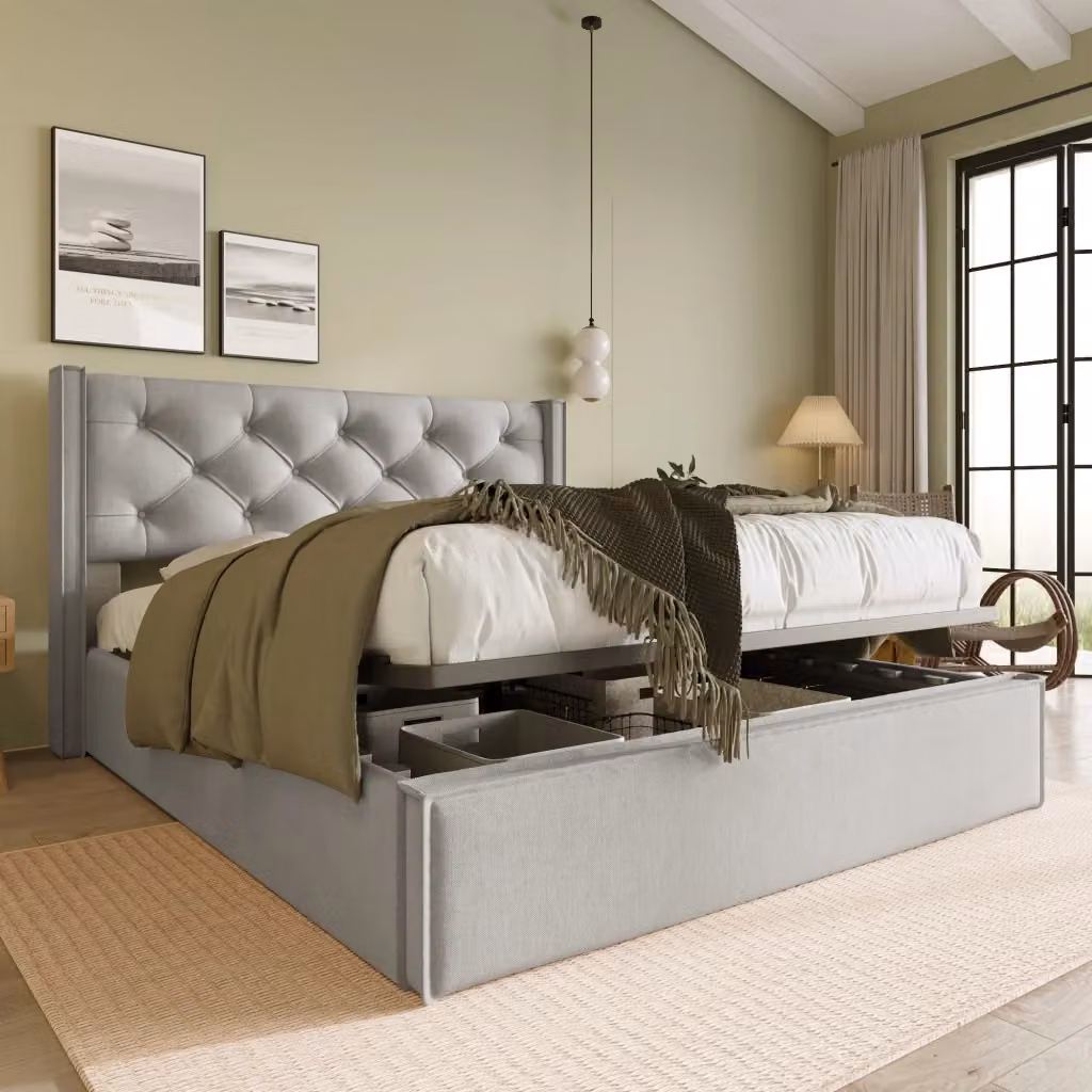 Letto contenitore matrimoniale con testiera imbottita e rete sollevabile, grigio, L/P/H: 140 x 200 x 151 cm – 2