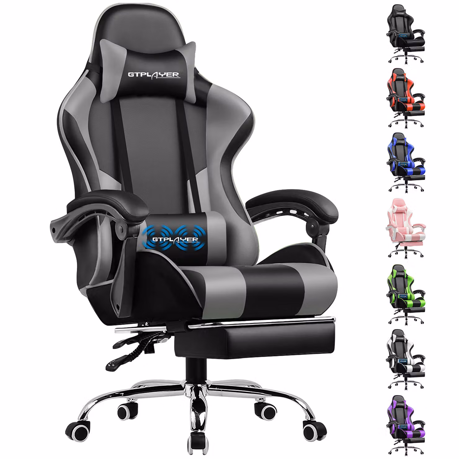 GTPLAYER Sedia da gioco con poggiapiedi e cuscino lombare massaggiante Sedia da ufficio Sedia da gioco Sedia da gioco ergonomica con braccioli di collegamento, caricabile fino a 150 kg grigio