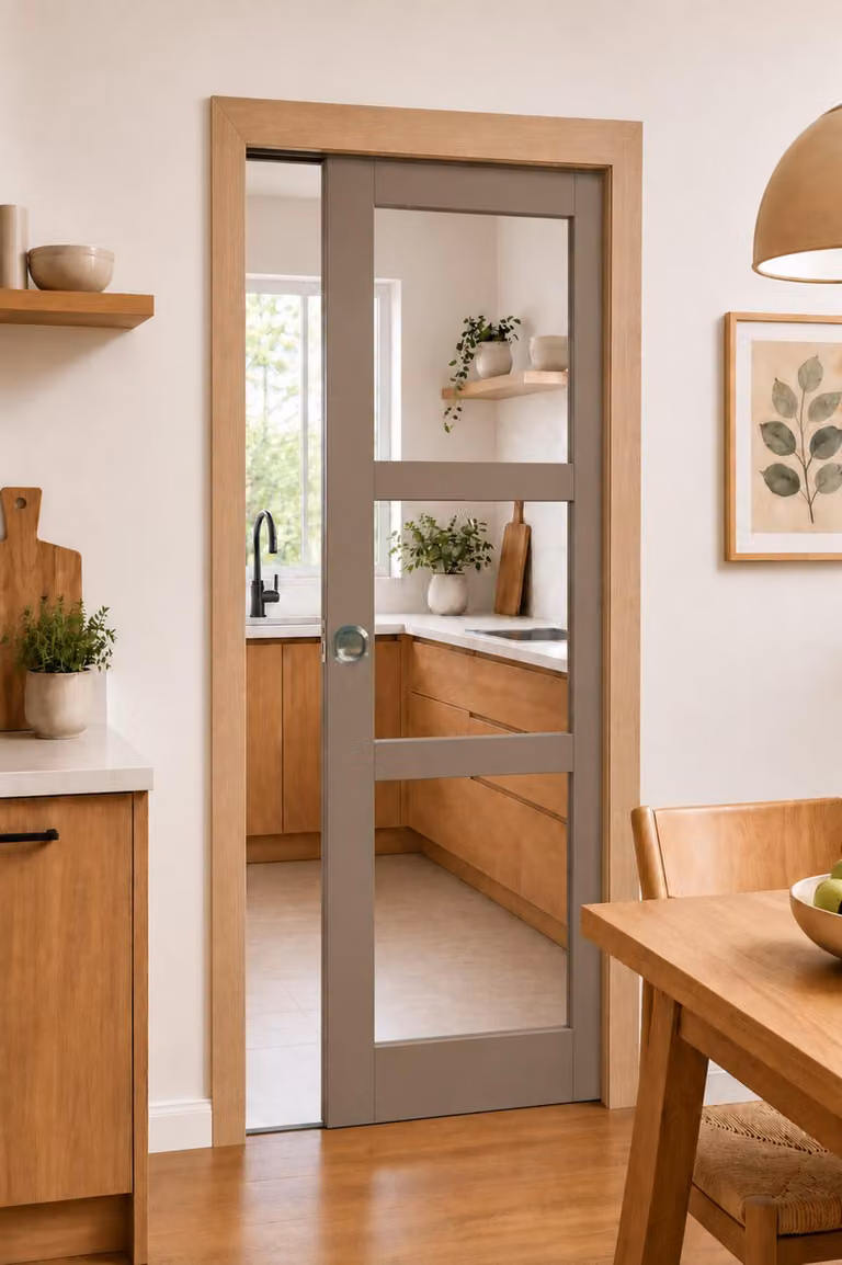 Porta scorrevole grigia beige con vetro trasparente H204 x L73 cm, con incasso, kit finitura Gd Menuserie