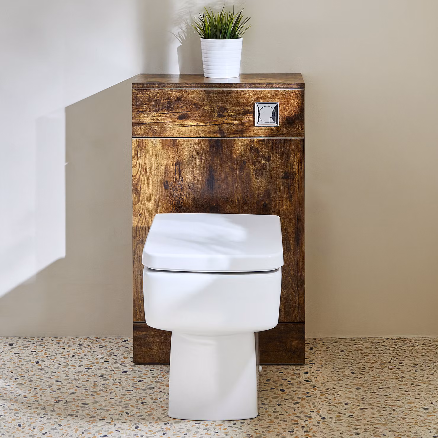 Mobile WC da 500 con Sanitario Exton - Rovere Scuro - Pulsante di Scarico Cromato - Cluo