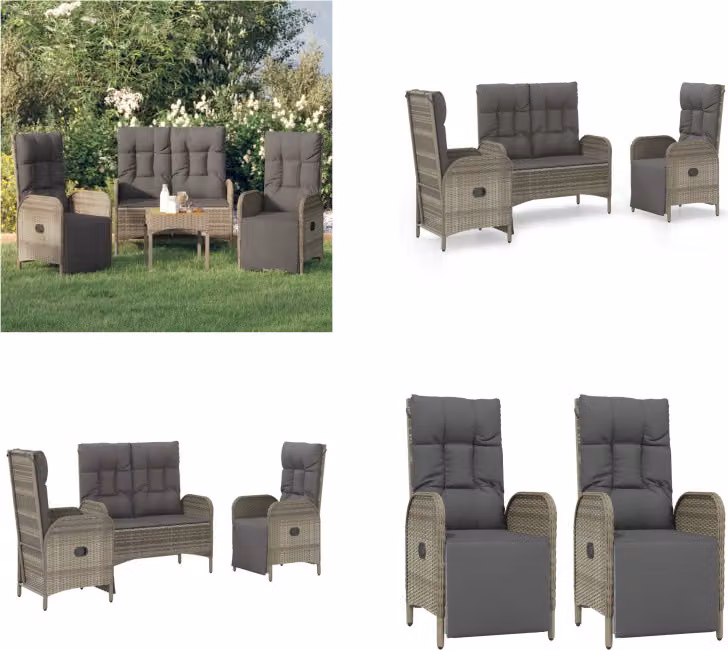 vidaXL Set da pranzo da giardino 3 pezzi con cuscini in poly rattan grigio - Set da pranzo da giardino - Set da pranzo da giardino - Set da pranzo da terrazza