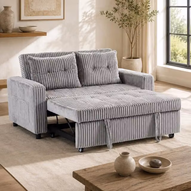 Divano letto ULEVR 2 posti in poliestere grigio chiaro, reclinabile e trasformabile in letto 190x126 cm