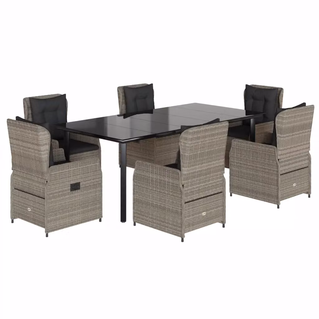Set da pranzo da giardino vidaXL in polyrattan con piano in vetro, 7 pezzi, grigio e nero – 2