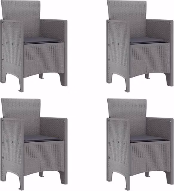 Set di 4 sedie da giardino moderne in rattan e tessuto textilene con cuscini, colore grigio, L/P/H: 53 x 49 x 85 cm