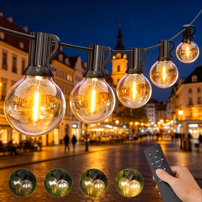 Catena luminosa da 15 metri, con 25 lampadine in PET, grado di protezione IP44, luce bianco caldo, LED da 1W, con telecomando