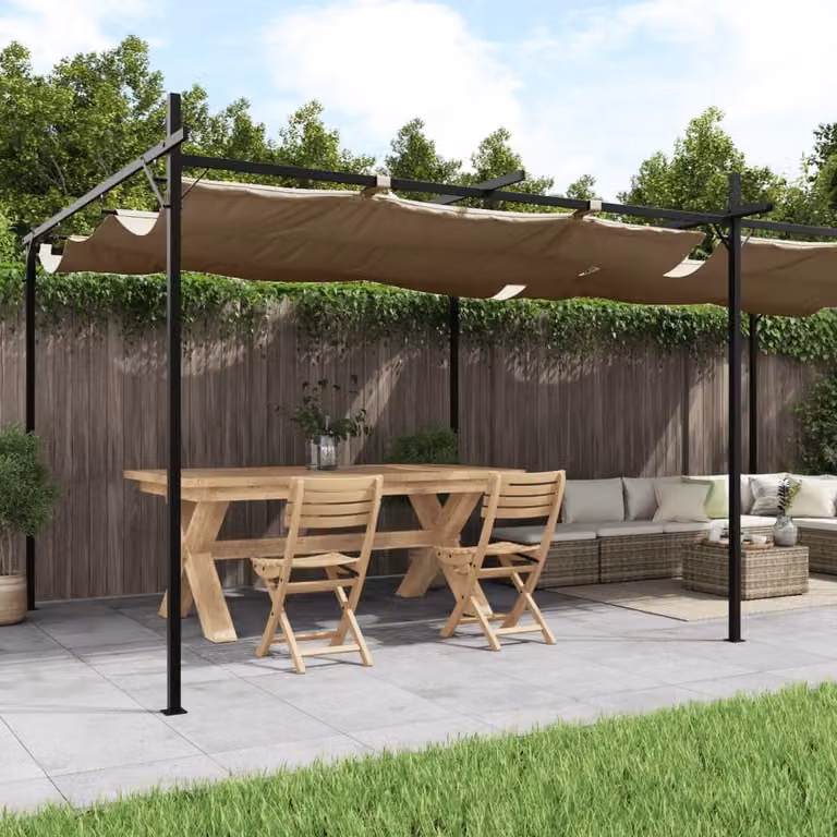 Pergola con Tetto Retrattile vidaXL Colore Beige e Grigio L: 589 cm, P: 292 cm, H: 230 cm