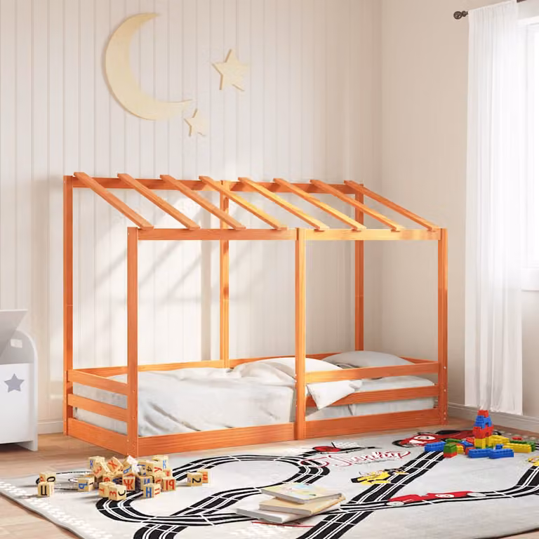 Letto per bambini vidaXL con struttura a casetta in legno di pino massello, colore marrone cera, 90 x 190 cm