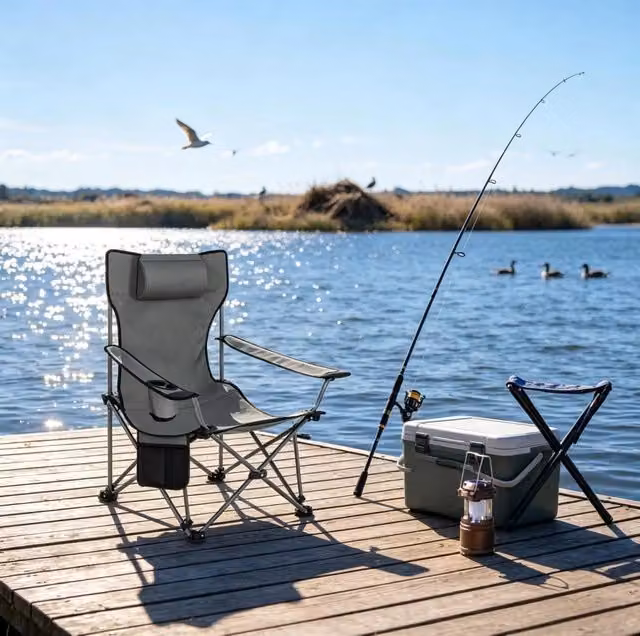 Sedia da campeggio pieghevole reclinabile MODFU con poggiapiedi e braccioli in tessuto Oxford grigio L/P/H: 115 x 84 x 88,5 cm – 1