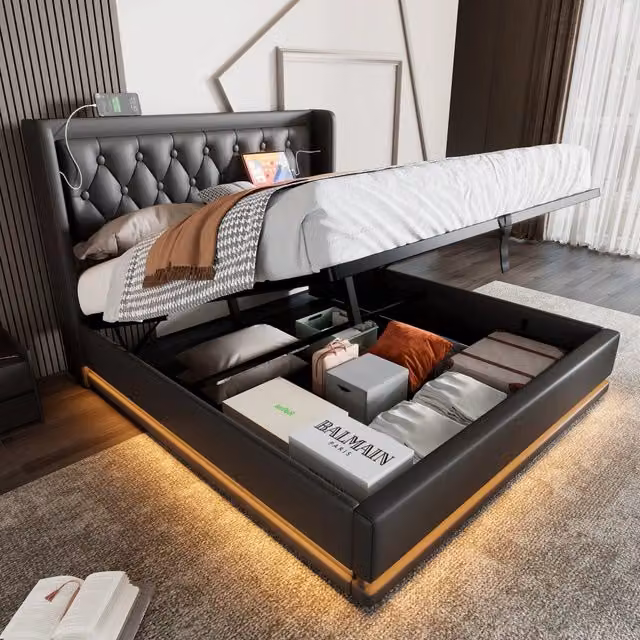 Letto contenitore 160 × 200 cm con materasso a molle 7 zone; testiera imbottita; LED; USB Type-C; nero in PU