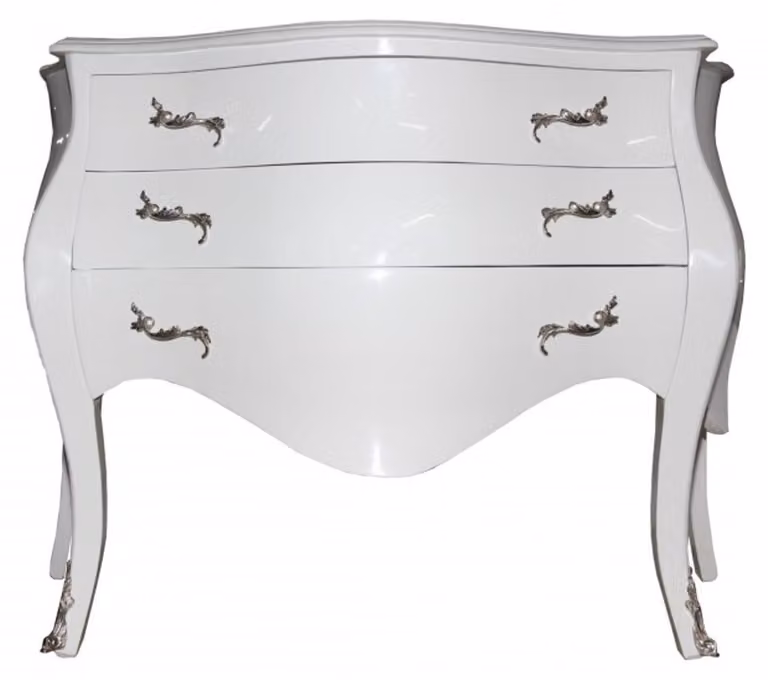Comò Casa Padrino in stile barocco, finitura bianca/argento, dimensioni 120 x 55 x 85 cm - Elegante comò in legno