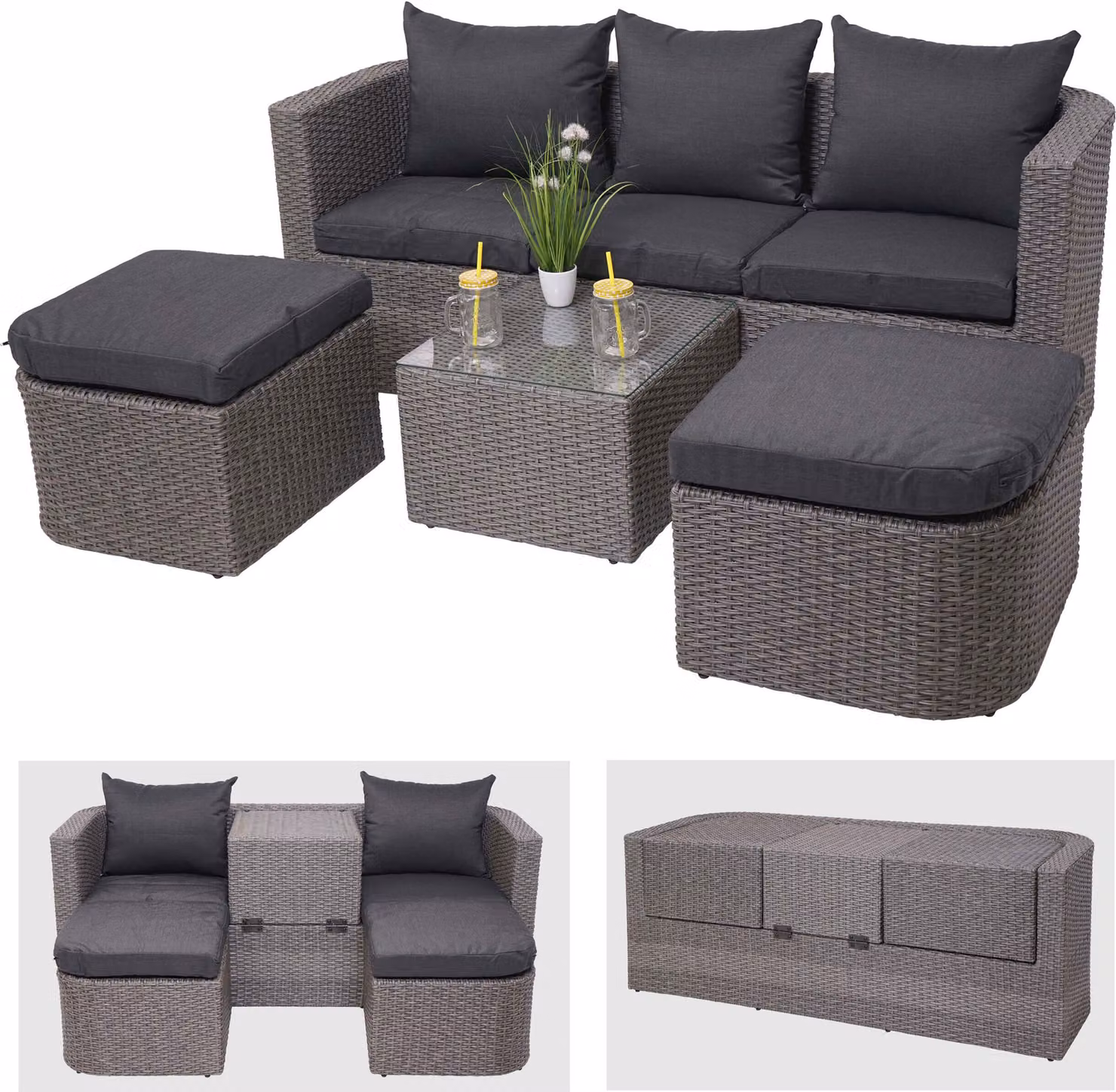 Set 3 in 1 MCW-J37, set da giardino/salotto Sonneninsel, rattan sintetico Spun Poly MVG ~ grigio, cuscini antracite