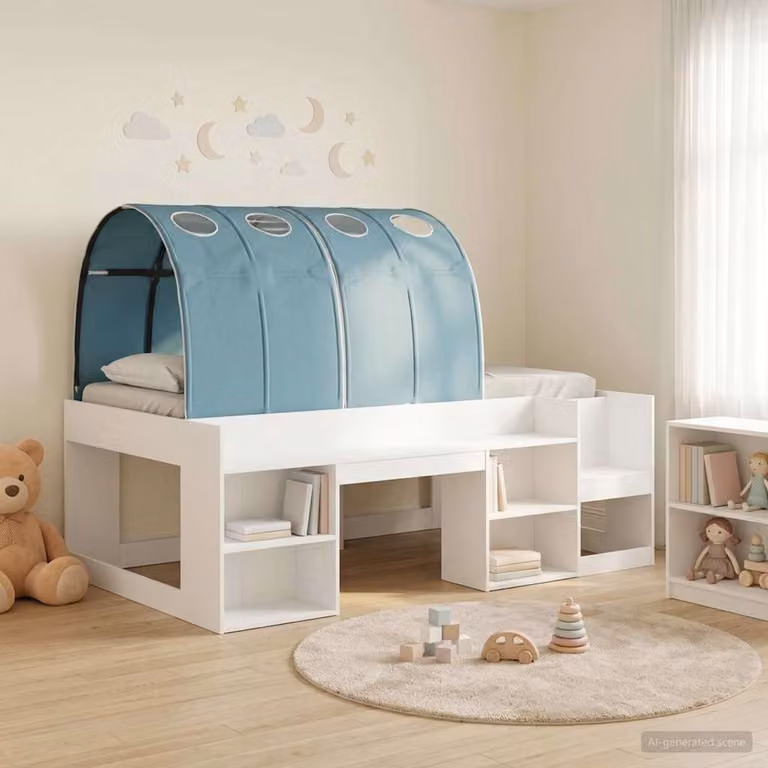 Letto singolo per bambini vidaXL con struttura a casetta e tunnel, Bianco e azzurro, L/P/H: 190 x 90 x 118,5 cm