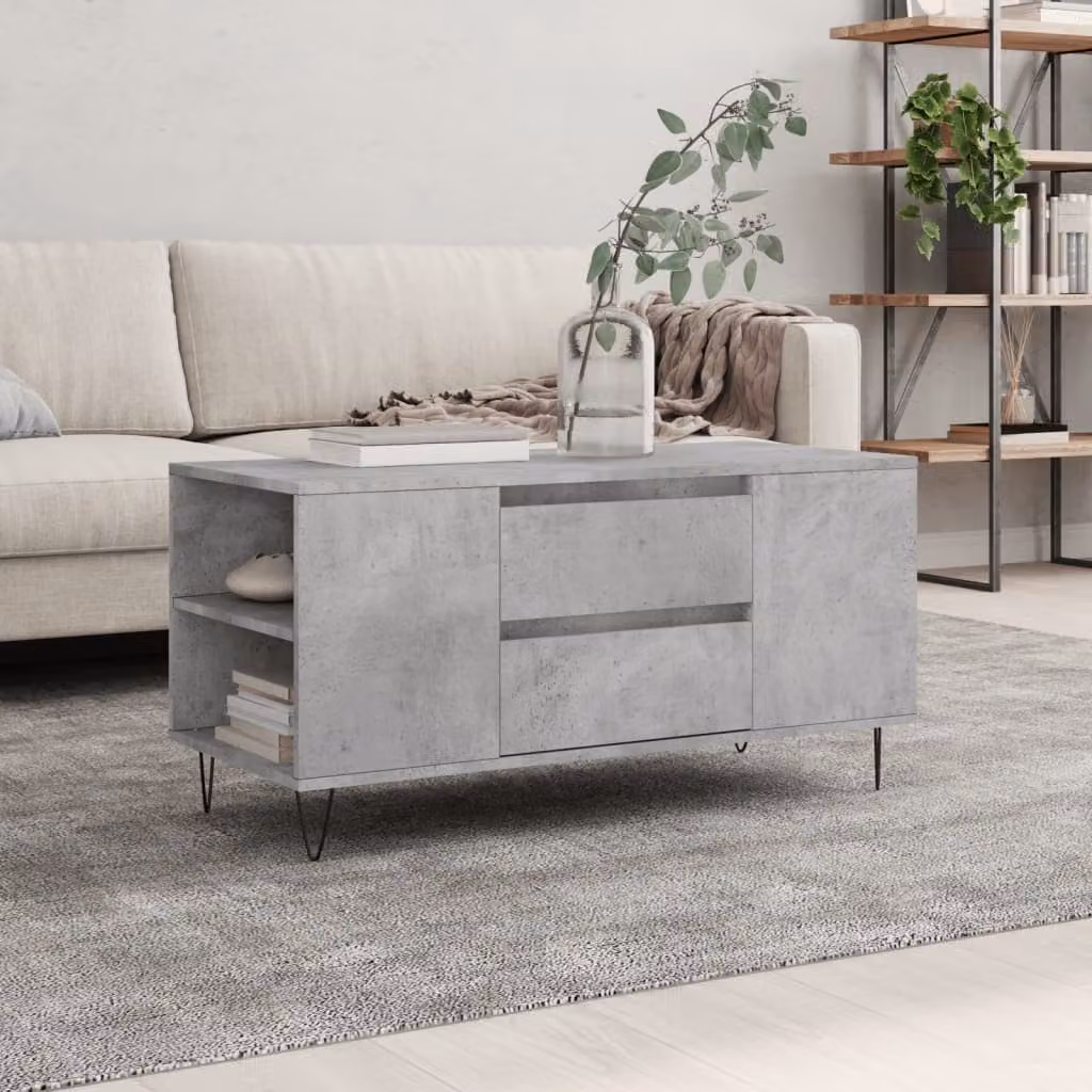 vidaXL Tavolino da Salotto Moderno Grigio Cemento in Legno e Metallo L: 102 cm, P: 44,5 cm, H: 50 cm