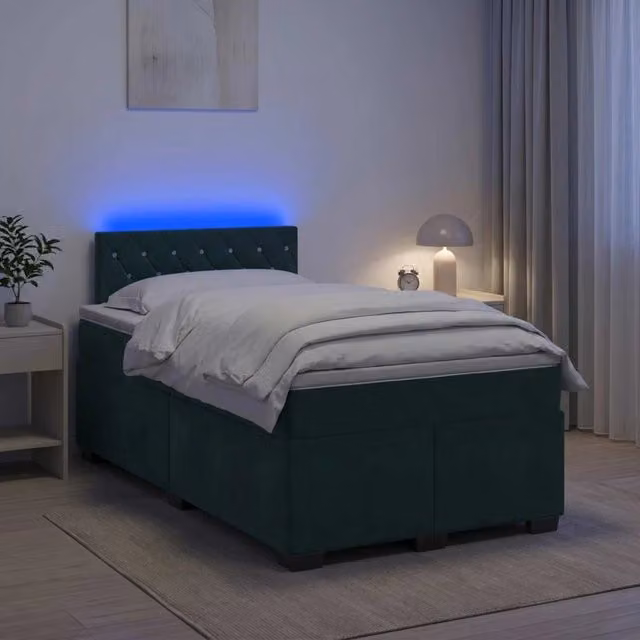 Letto moderno vidaXL con Box Spring, materasso ibrido a molle insacchettate, illuminazione LED sottostante e porta USB, rivestimento in velluto verde e bianco, L/P: 120 x 200 cm