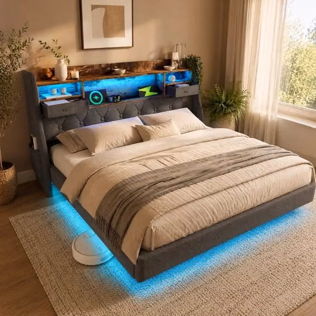 Letto matrimoniale imbottito 140 × 200 cm con materasso LED ricarica USB Type-C rivestimento in lino grigio
